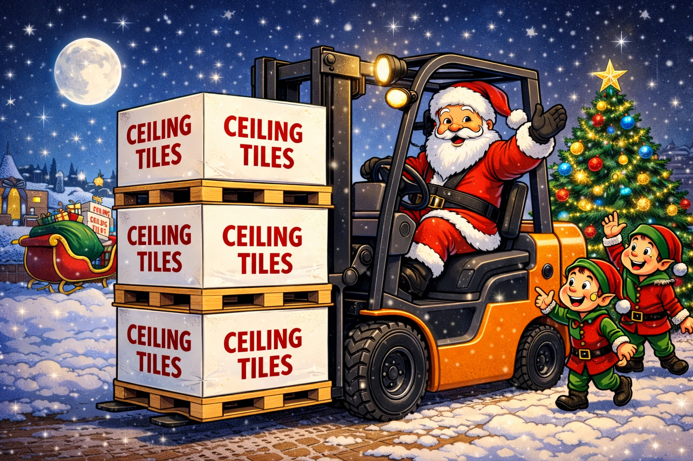 Santa Claus driving a forklift with 'Ceiling Tiles' boxes, surrounded by Christmas trees and elves.
