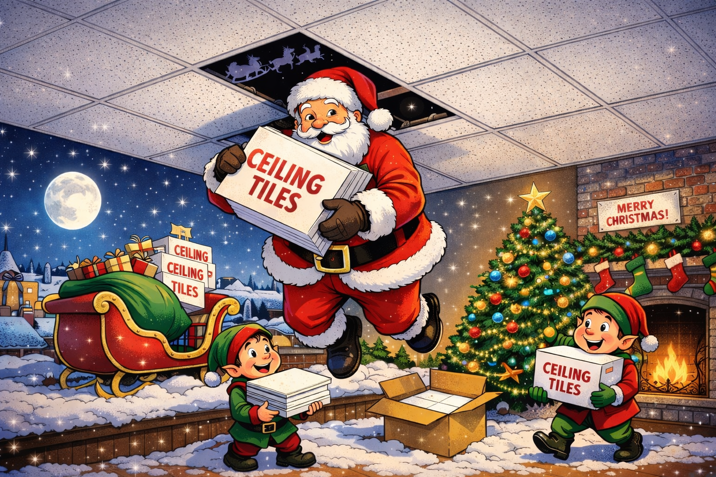 Cartoon Santa Claus holding a sign with 'Ceiling Tiles' in a festive setting with Christmas tree and fireplace.